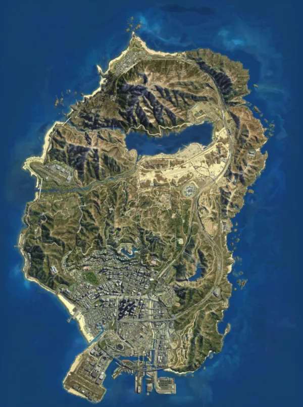 게임 'GTA5'의 지도. 바다를 포함하면 무려 130제곱킬로미터의 크기다.