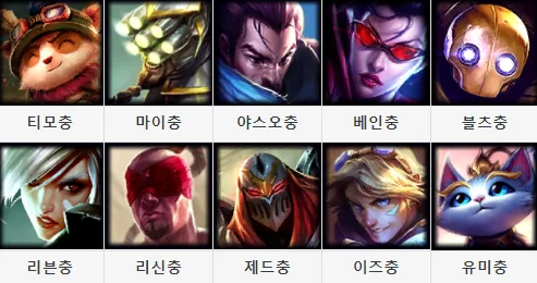 롤의 대표적인 충(蟲) 챔피언들. 이 목록은 꾸준히 업데이트되고 있다.